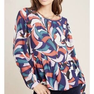 Maeve Anthropologie Cheyenne Blouse Size S Peplum Geometric Brick Navy